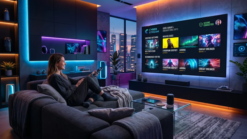Beste IPTV kijken in een futuristische woonkamer in 2026