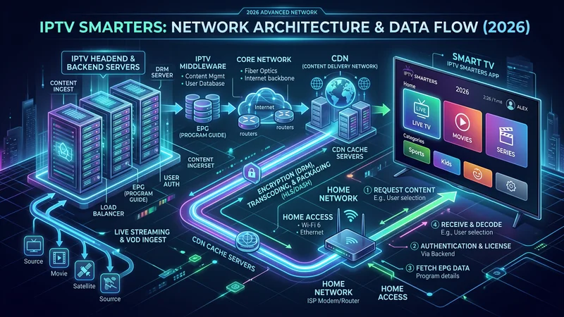 Infographic van de IPTV Smarters netwerkarchitectuur en dataflow
