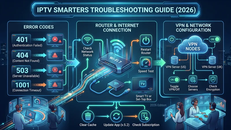 Infographic probleemoplossing en foutcodes in IPTV Smarters